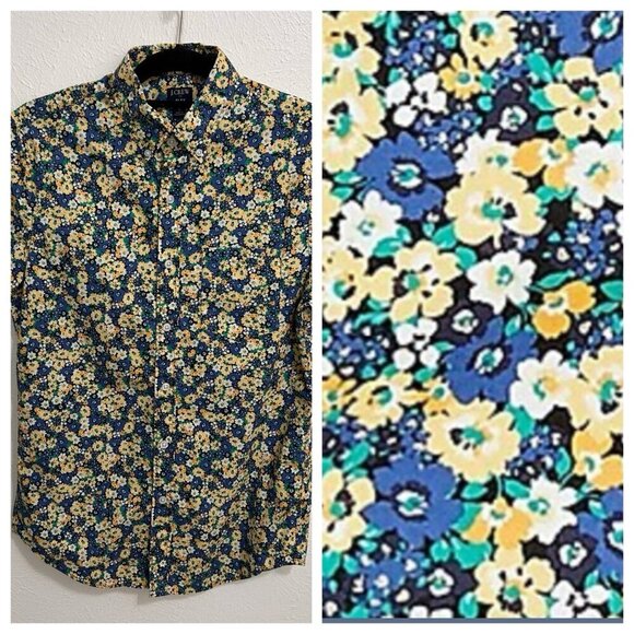 J.CREW Other - J. Crew Flex Washed Blue Yellow Floral Print Shirt Button Up Short Sleeves Sz S